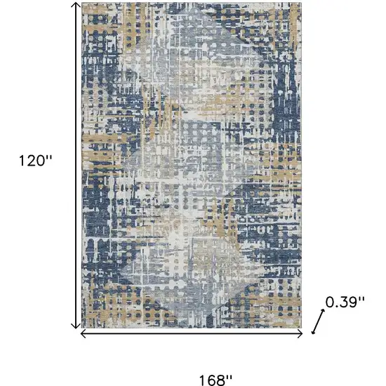 Navy Blue And Beige Geometric Washable Area Rug With UV Protection Photo 9