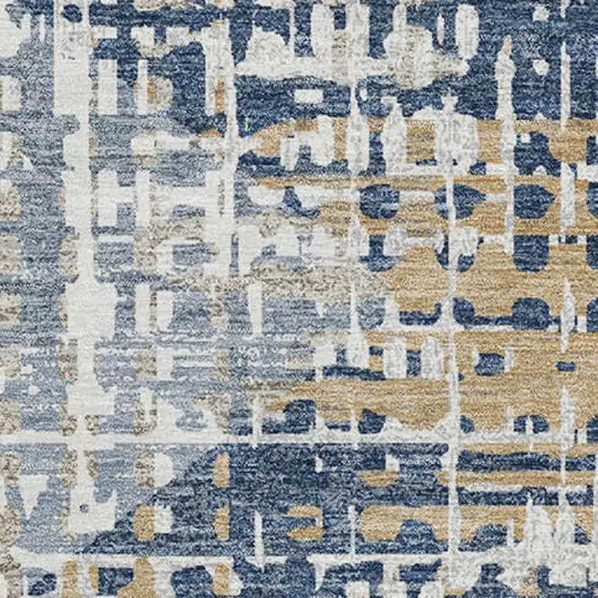 Navy Blue And Beige Geometric Washable Area Rug With UV Protection Photo 3