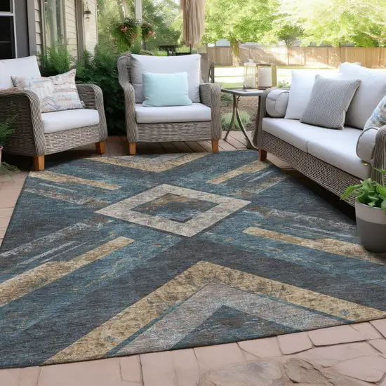 Navy Blue And Beige Geometric Washable Indoor Outdoor Area Rug Photo 4