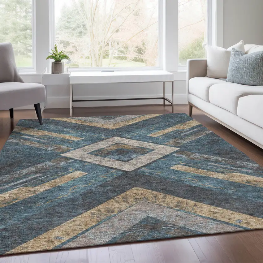 Navy Blue And Beige Geometric Washable Indoor Outdoor Area Rug Photo 6