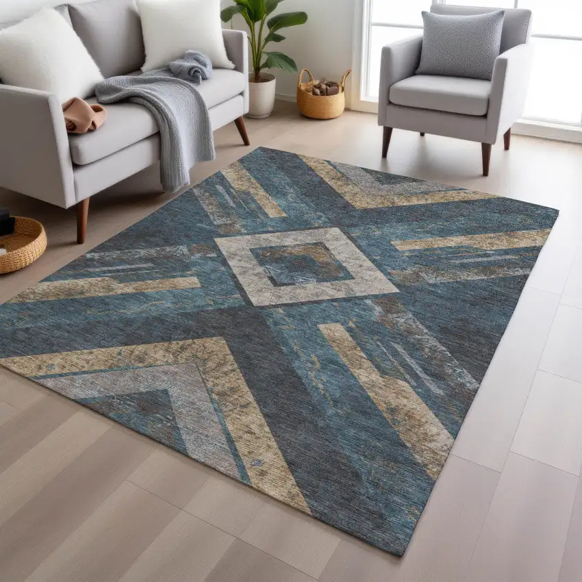 Navy Blue And Beige Geometric Washable Indoor Outdoor Area Rug Photo 5