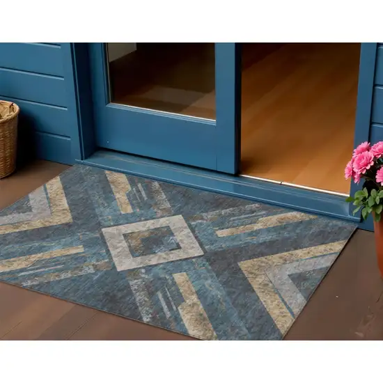 Navy Blue And Beige Geometric Washable Indoor Outdoor Area Rug Photo 2