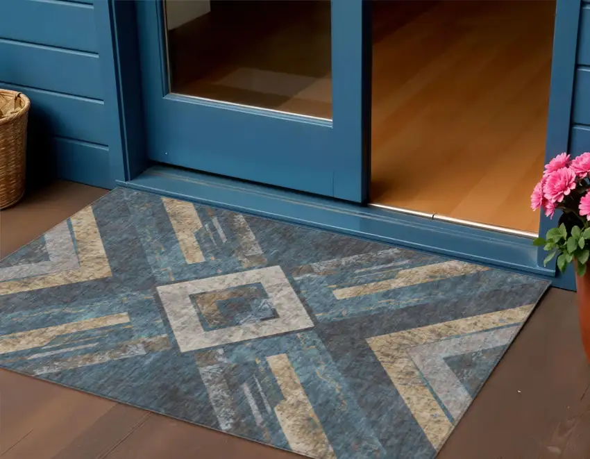 Navy Blue And Beige Geometric Washable Indoor Outdoor Area Rug Photo 2