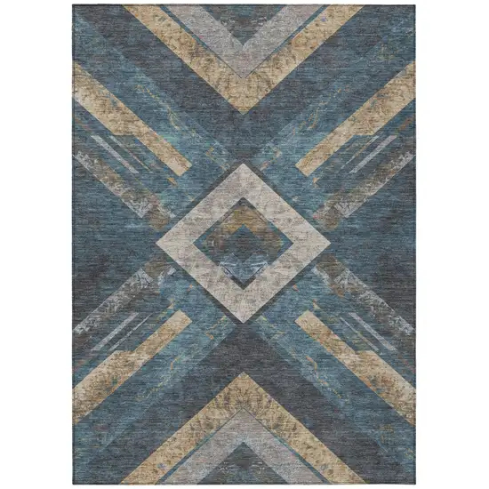 Navy Blue And Beige Geometric Washable Indoor Outdoor Area Rug Photo 7