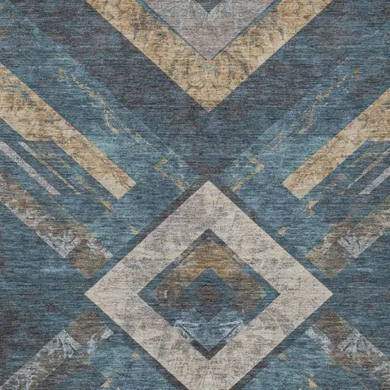 Navy Blue And Beige Geometric Washable Indoor Outdoor Area Rug Photo 6