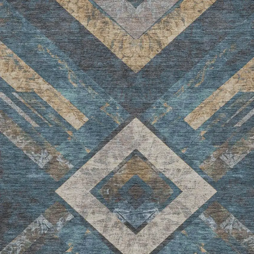 Navy Blue And Beige Geometric Washable Indoor Outdoor Area Rug Photo 6