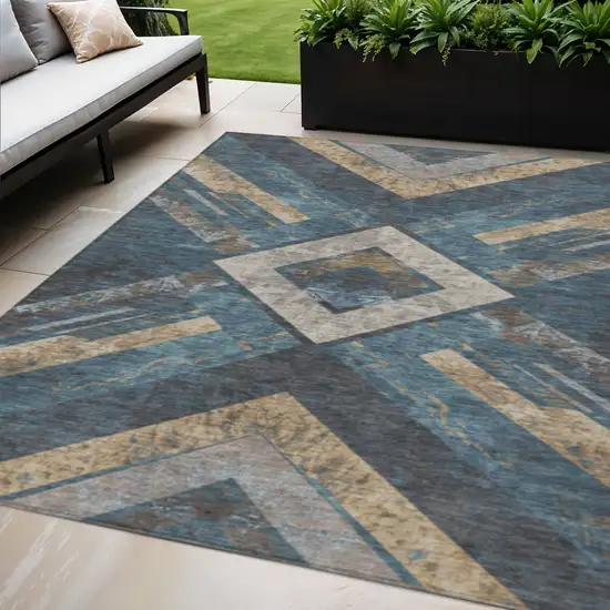 Navy Blue And Beige Geometric Washable Indoor Outdoor Area Rug Photo 2