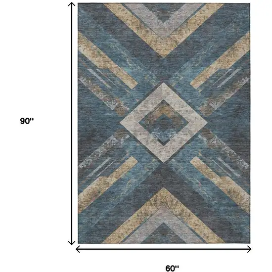 Navy Blue And Beige Geometric Washable Indoor Outdoor Area Rug Photo 8