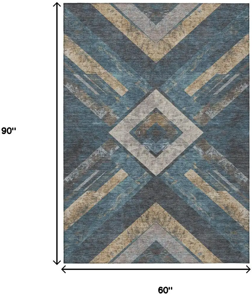 Navy Blue And Beige Geometric Washable Indoor Outdoor Area Rug Photo 8