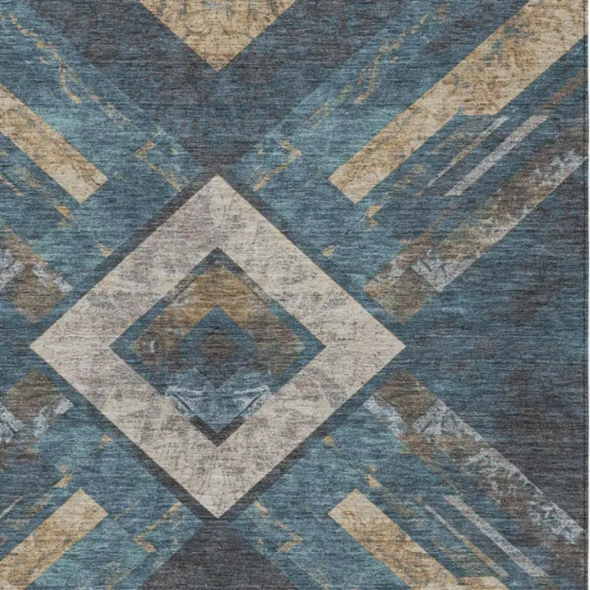 Navy Blue And Beige Geometric Washable Indoor Outdoor Area Rug Photo 6