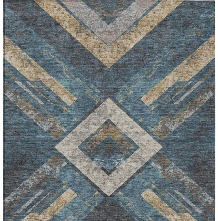 Navy Blue And Beige Geometric Washable Indoor Outdoor Area Rug Photo 9