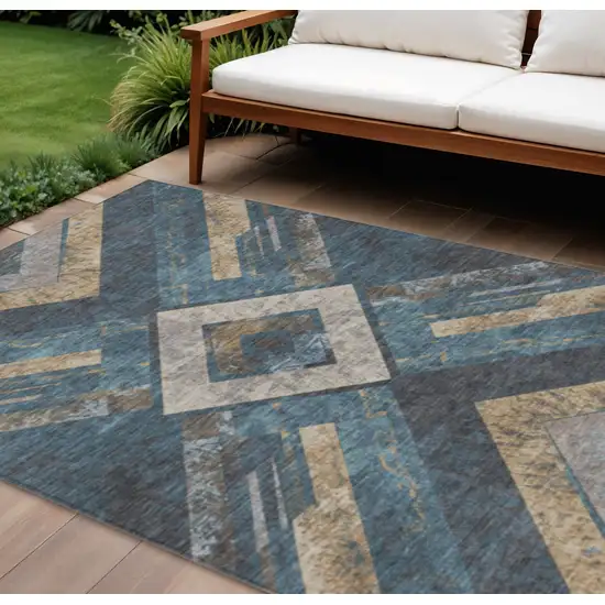 Navy Blue And Beige Geometric Washable Indoor Outdoor Area Rug Photo 2