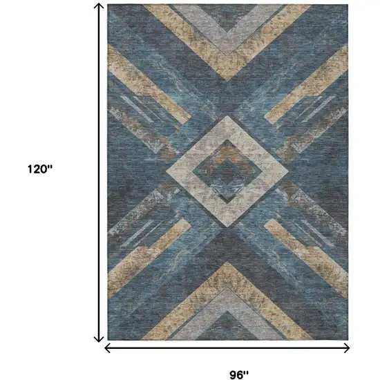 Navy Blue And Beige Geometric Washable Indoor Outdoor Area Rug Photo 8