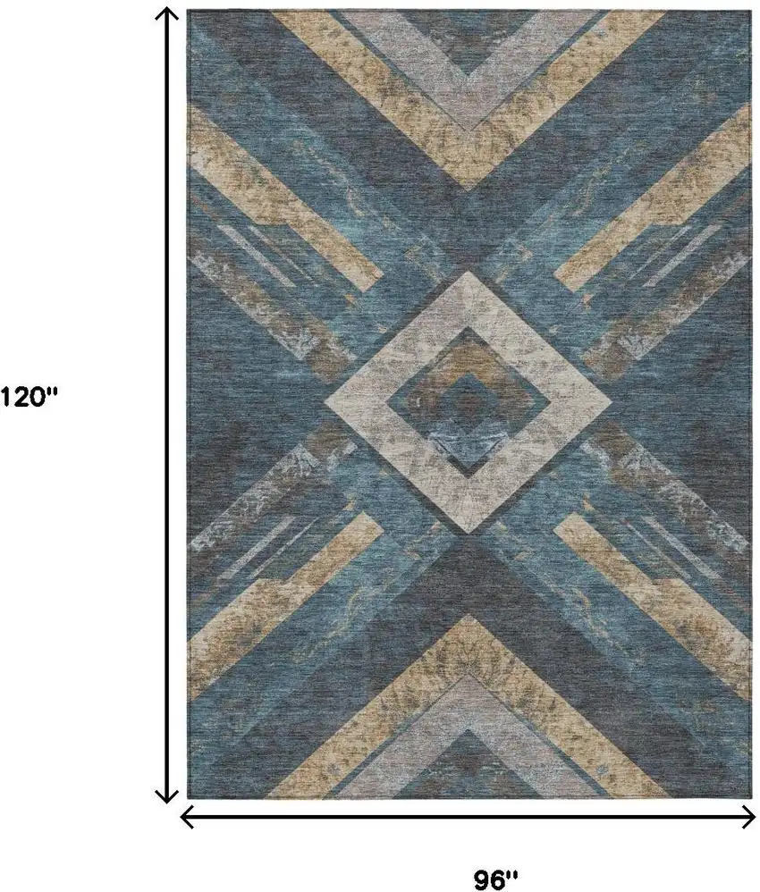 Navy Blue And Beige Geometric Washable Indoor Outdoor Area Rug Photo 8