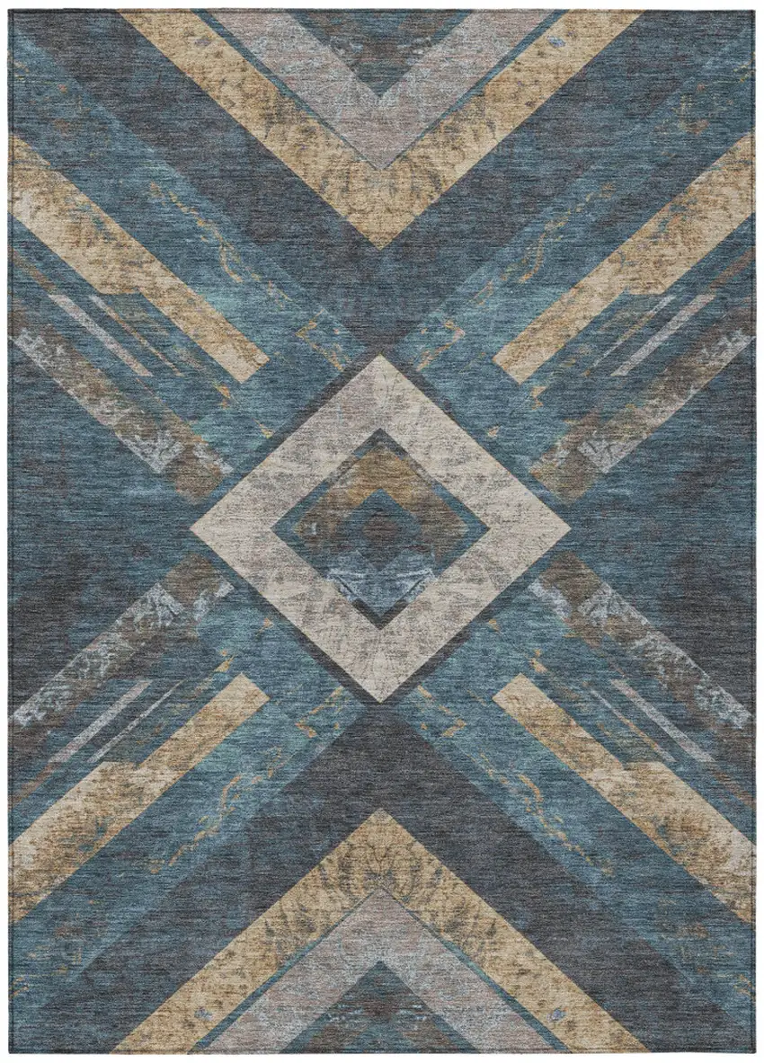 Navy Blue And Beige Geometric Washable Indoor Outdoor Area Rug Photo 7