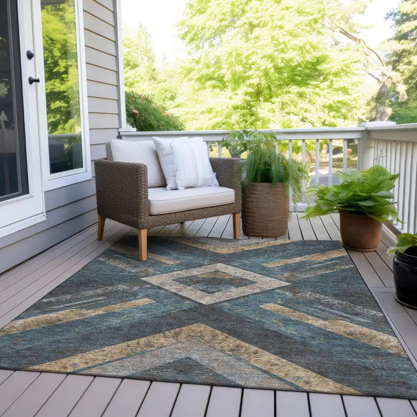 Navy Blue And Beige Geometric Washable Indoor Outdoor Area Rug Photo 6