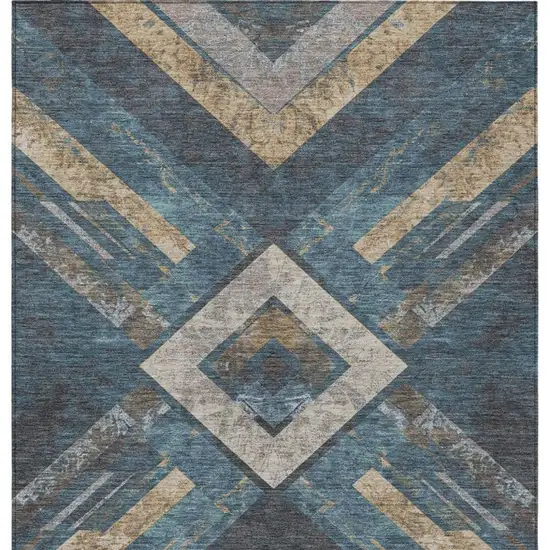 Navy Blue And Beige Geometric Washable Indoor Outdoor Area Rug Photo 9
