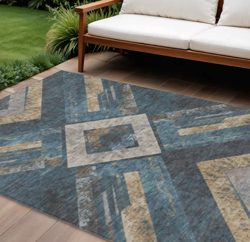 Navy Blue And Beige Geometric Washable Indoor Outdoor Area Rug Photo 2