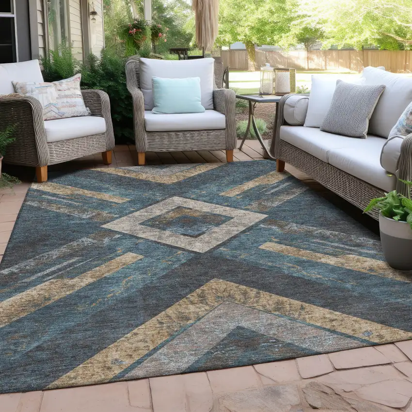 Navy Blue And Beige Geometric Washable Indoor Outdoor Area Rug Photo 3
