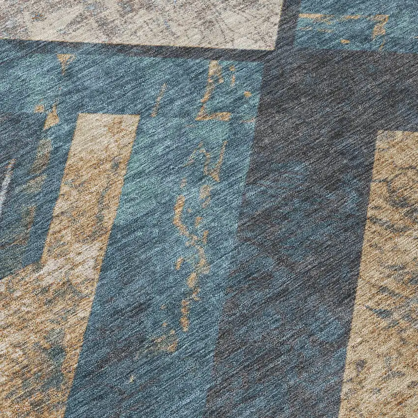 Navy Blue And Beige Geometric Washable Indoor Outdoor Area Rug Photo 1