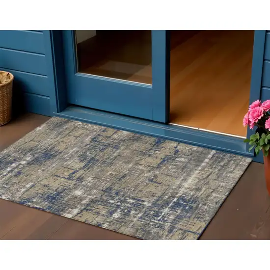 Navy Blue And Beige Geometric Washable Indoor Outdoor Area Rug Photo 2