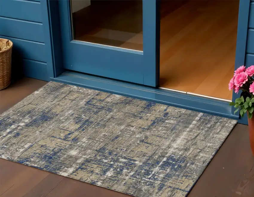 Navy Blue And Beige Geometric Washable Indoor Outdoor Area Rug Photo 2