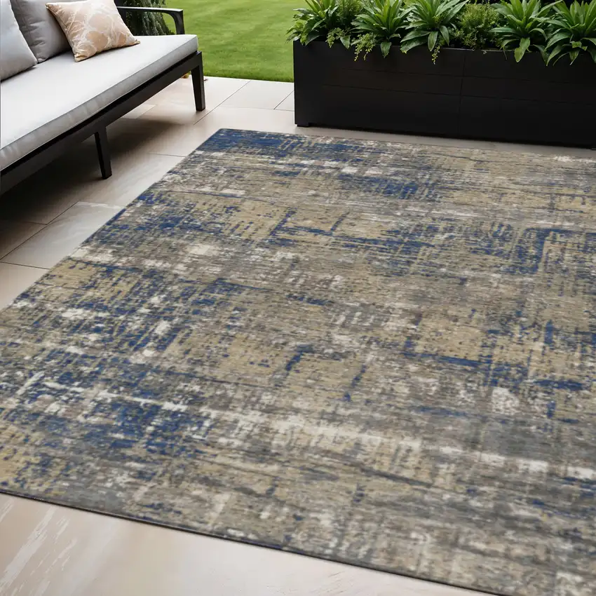 Navy Blue And Beige Geometric Washable Indoor Outdoor Area Rug Photo 2