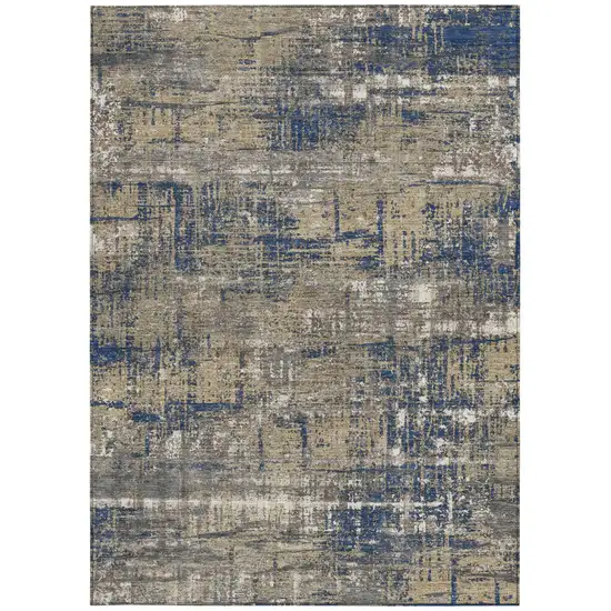 Navy Blue And Beige Geometric Washable Indoor Outdoor Area Rug Photo 3