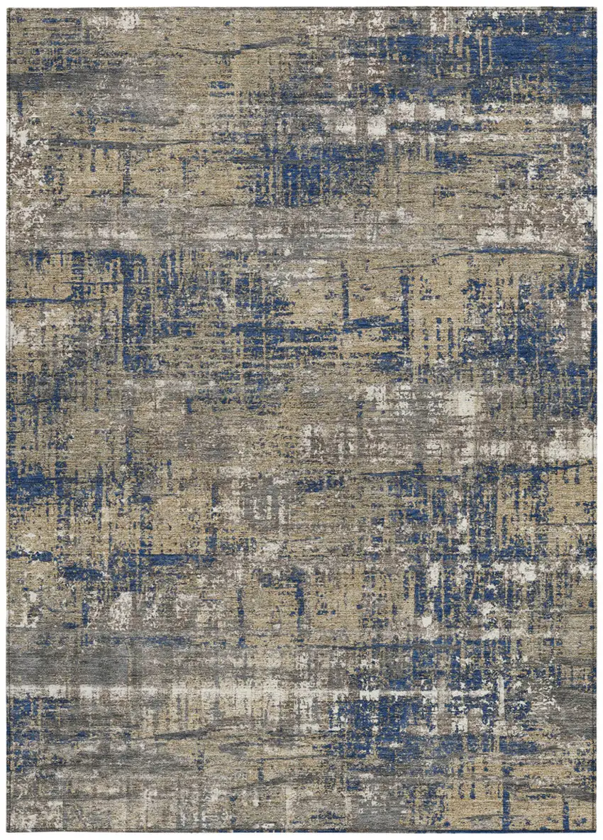 Navy Blue And Beige Geometric Washable Indoor Outdoor Area Rug Photo 3