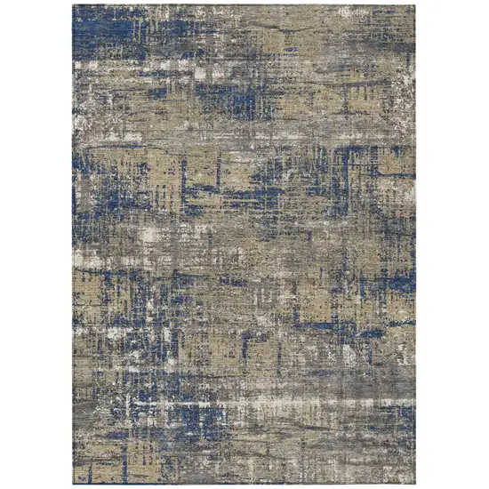 Navy Blue And Beige Geometric Washable Indoor Outdoor Area Rug Photo 1