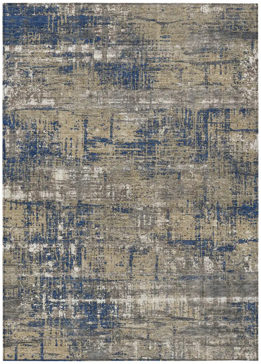 Navy Blue And Beige Geometric Washable Indoor Outdoor Area Rug Photo 1