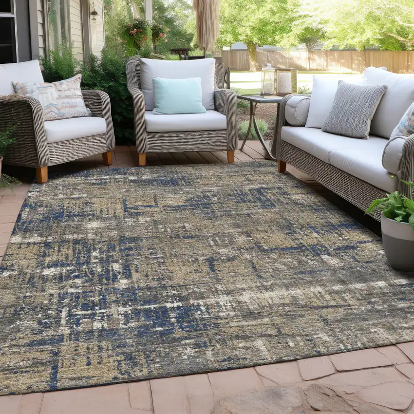 Navy Blue And Beige Geometric Washable Indoor Outdoor Area Rug Photo 5