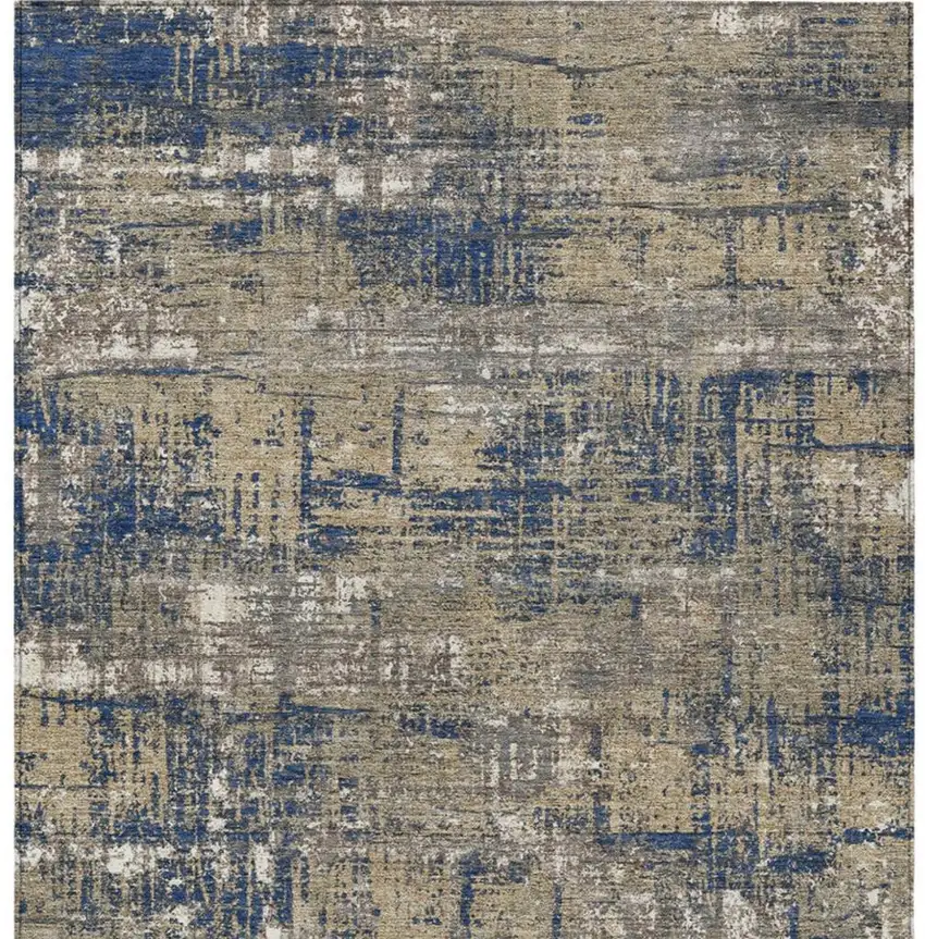 Navy Blue And Beige Geometric Washable Indoor Outdoor Area Rug Photo 4