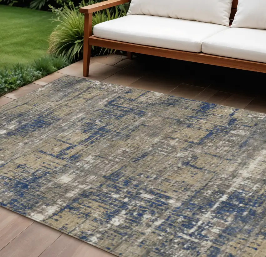 Navy Blue And Beige Geometric Washable Indoor Outdoor Area Rug Photo 2