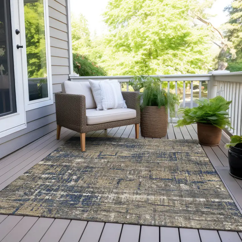 Navy Blue And Beige Geometric Washable Indoor Outdoor Area Rug Photo 8