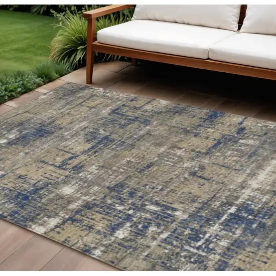 Navy Blue And Beige Geometric Washable Indoor Outdoor Area Rug Photo 2