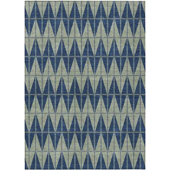 Navy Blue And Beige Geometric Washable Indoor Outdoor Area Rug Photo 1