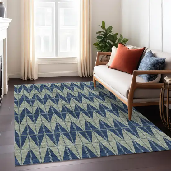 Navy Blue And Beige Geometric Washable Indoor Outdoor Area Rug Photo 6