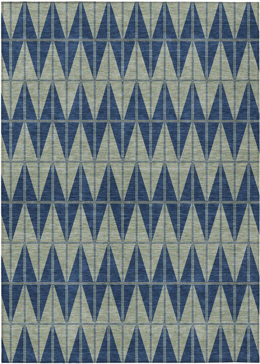 Navy Blue And Beige Geometric Washable Indoor Outdoor Area Rug Photo 1