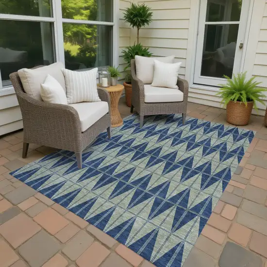 Navy Blue And Beige Geometric Washable Indoor Outdoor Area Rug Photo 4