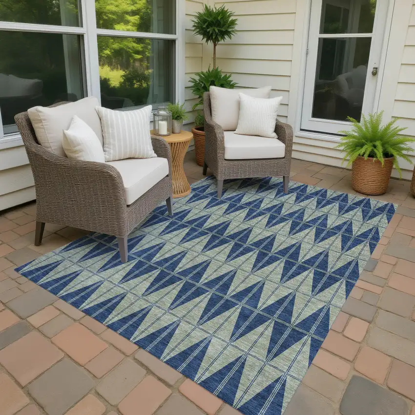 Navy Blue And Beige Geometric Washable Indoor Outdoor Area Rug Photo 4