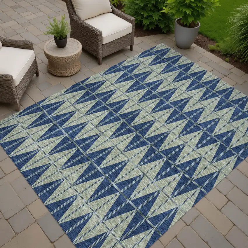 Navy Blue And Beige Geometric Washable Indoor Outdoor Area Rug Photo 7