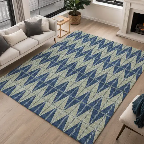 Navy Blue And Beige Geometric Washable Indoor Outdoor Area Rug Photo 5