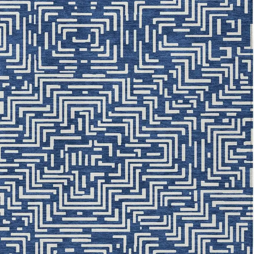 Navy Blue And Beige Geometric Washable Indoor Outdoor Area Rug Photo 5