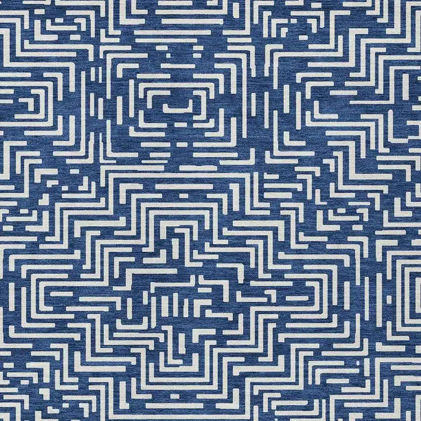 Navy Blue And Beige Geometric Washable Indoor Outdoor Area Rug Photo 3