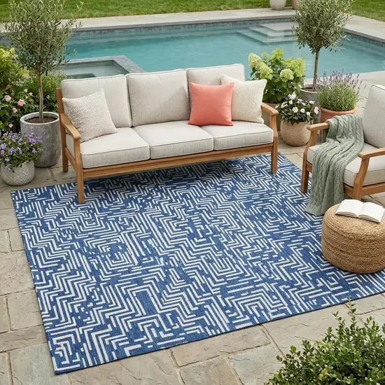 Navy Blue And Beige Geometric Washable Indoor Outdoor Area Rug Photo 1