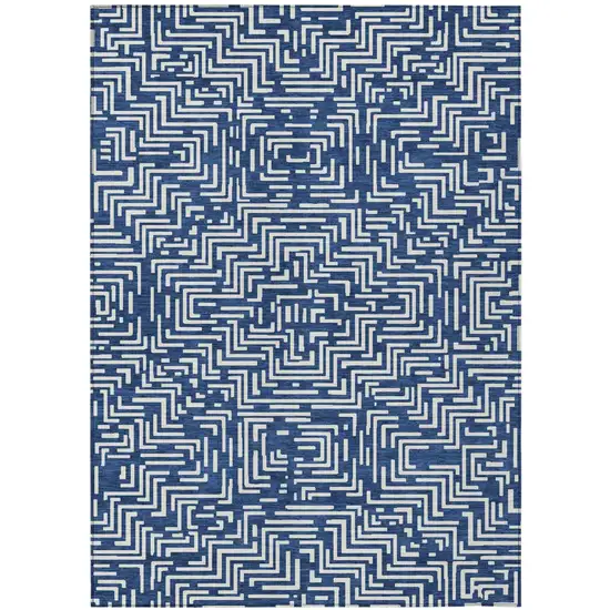 Navy Blue And Beige Geometric Washable Indoor Outdoor Area Rug Photo 2