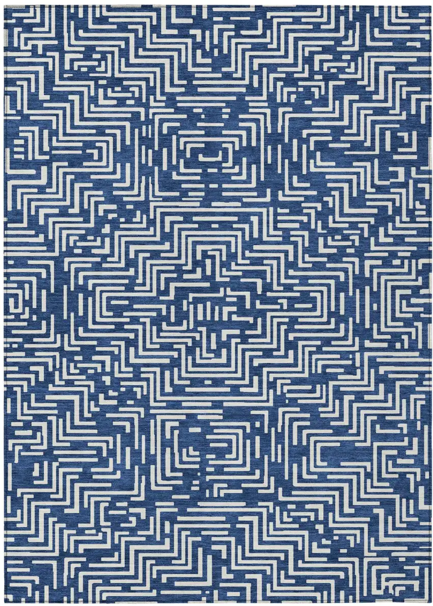 Navy Blue And Beige Geometric Washable Indoor Outdoor Area Rug Photo 2