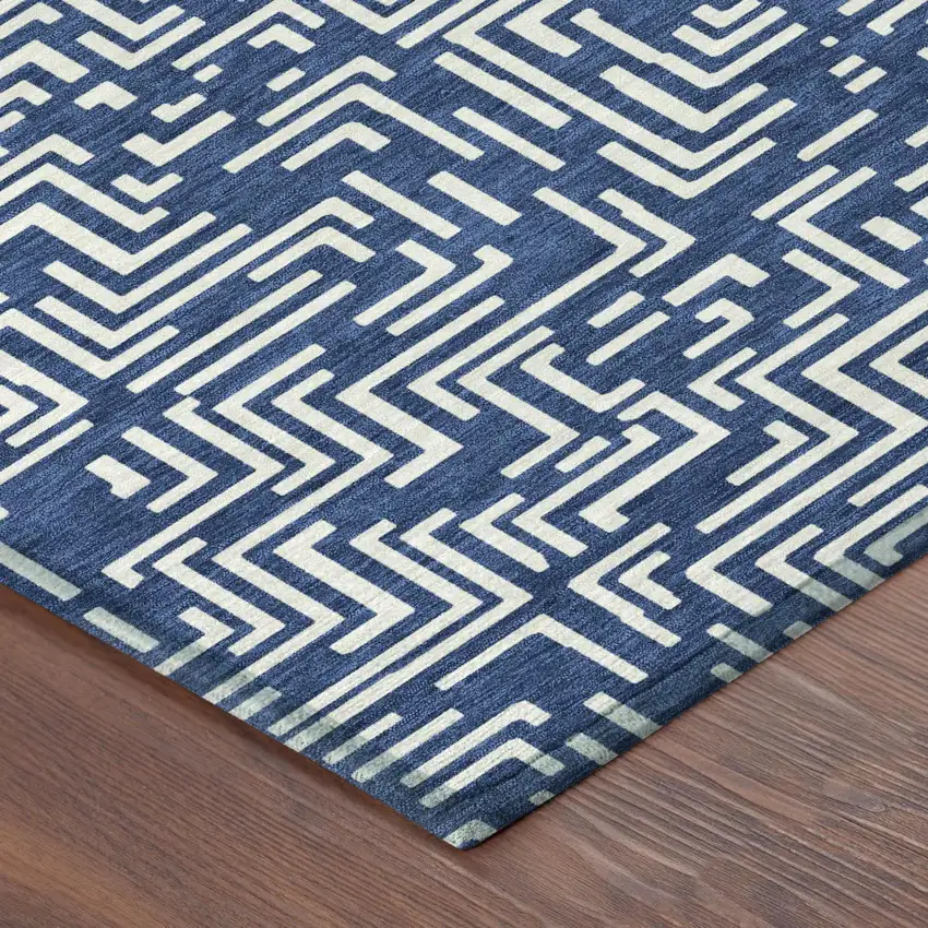 Navy Blue And Beige Geometric Washable Indoor Outdoor Area Rug Photo 7