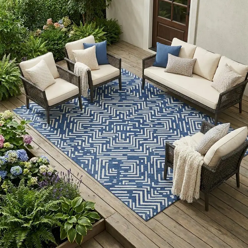 Navy Blue And Beige Geometric Washable Indoor Outdoor Area Rug Photo 1